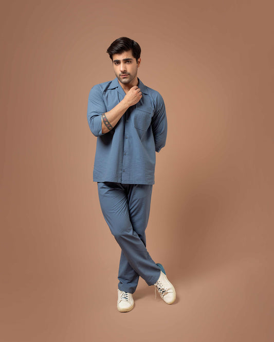 Blue Texture  Men Co-ord Set