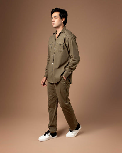 Olive Co-ord Set With Flap Pockets